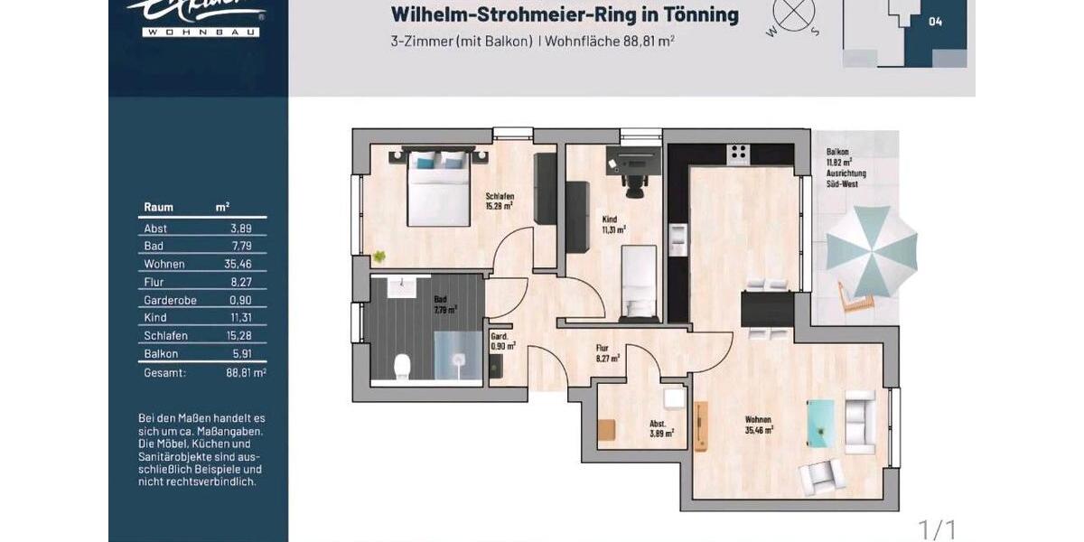 Etagenwohnung Tönning - 3 Zimmer, 88 m&sup2;, 1.415&euro; | Angebot:26478752